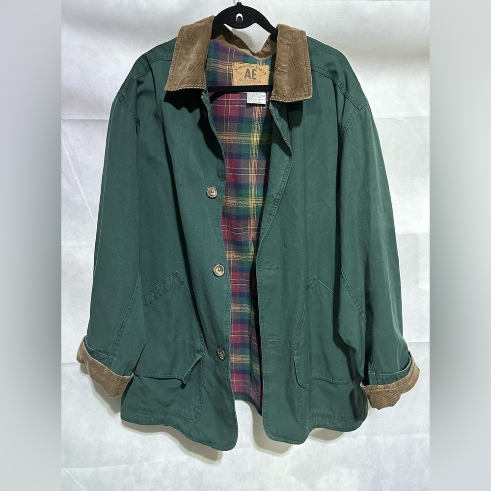 VTG American Eagle Outfitters Chore Coat Mens Large Flannel Lined Green Corduroy